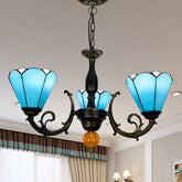 Lámpara de araña vintage de vidrieras azul cielo, forma cónica, 3 luces, lámpara colgante decorativa para sala de estar